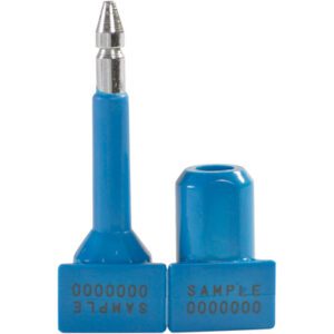 Two MH-USA 1 1/4 light blue plastic test probe clips with metal tips, one upright and one with a cap, labeled SAMPLE 0000000, complemented by the MH-USA 1 1/4 Light Blue Bolt Seals (50/Case).