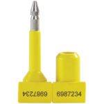 Two MH-USA 1 1/4 Yellow Bolt Seals, each with black serial numbers and sturdy rectangular bases, are displayed: the left seal with a metal tip is numbered 6987234, while the right seal has its number reversed as 4372896.