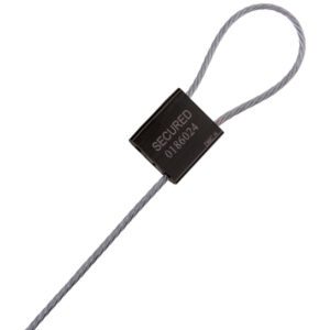 A gray 1/8 x 48 cable with a loop end is secured by a black lock labeled SECURED and 018624. The MH-USA cable seal, sold in cases of 20, appears to be made from twisted metal wires.