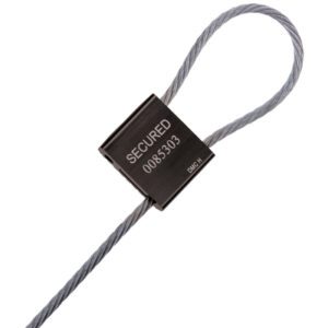 The MH-USA 3/16 x 76 Cable Seals - Black, sold in cases of 20, have a loop and a black lock printed with SECURED and 0085303, elegantly displayed against a white background.