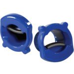 The MH-USA Hand-Saver Dispenser With Tensioner (1 Pair/Case) features two blue cylindrical plastic hand grippers with ergonomic handles, perfect for wrist and forearm exercises to enhance grip strength.