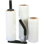 Three MH-USA 12 x 60 Gauge x 2000 Blown Hand Stretch Wrap rolls, two standing upright and one on a handheld dispenser with a black handle, each featuring a sturdy brown cardboard core.