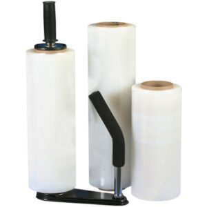 Three rolls of MH-USA 15 x 90 Gauge x 1500 Blown Hand Stretch Wrap are shown, two upright and one horizontal on a black dispenser with a textured grip.