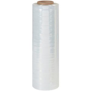 A roll of MH-USA 18 x 60 Gauge x 2000 Blown Hand Stretch Wrap (4/Case) with a sturdy cardboard core stands upright against a plain white background.