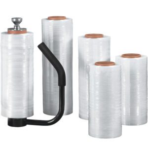 Displayed are several rolls of MH-USA 18 x 80 Gauge x 375 Cast Hand Stretch Wrap, four upright with a black handle and silver top. They feature a strong brown core, ideal for manual wrapping tasks.