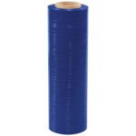 A roll from the MH-USA 18 x 80 Gauge x 1500 Blue Cast Hand Stretch Wrap (4/Case) stands upright against a white background, with its tightly wound plastic giving the wrap a smooth and polished look.