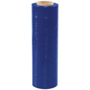 A roll from the MH-USA 18 x 80 Gauge x 1500 Blue Cast Hand Stretch Wrap (4/Case) stands upright against a white background, with its tightly wound plastic giving the wrap a smooth and polished look.