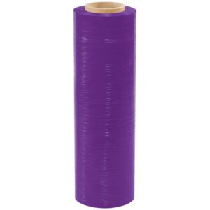 The vibrant hue and durability of MH-USAs Purple Cast Hand Stretch Wrap, sized 18 x 80 Gauge x 1500, with a cardboard core, is showcased upright against a plain white background.