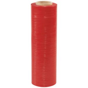 A roll of MH-USA 18 x 80 Gauge x 1500 Red Cast Hand Stretch Wrap (4/Case) stands upright against a white background. This tightly wound wrap, set on a cardboard core, is ready for versatile wrapping or packaging tasks.