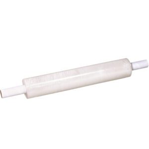 The MH-USA 20 x 70 Gauge x 1000 Extended Core Cast Stretch Wrap is displayed as a clear plastic roll with white handles on each end, set horizontally against a plain white backdrop.