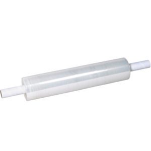 A roll from the MH-USA 20 x 120 Gauge x 800 Extended Core Heavy-Duty Cast Stretch Wrap (4 Rolls/Case) with two white handles is placed horizontally against a white background.