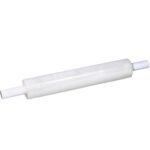 A horizontal roll of clear plastic wrap with white handles on each end, perfect for securing items, is shown. This is the MH-USA 20 x 80 Gauge x 1000 Extended Core Blown Stretch Wrap, available in a case of four rolls.