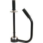 The MH-USA Heavy-Duty Handle Grip Stretch Wrap Dispenser includes a black tire changing tool with rubber grips and metal parts. It has an upright handle with a flat base, while the other curves at a right angle, making it ideal for easy tire mounting and demounting.