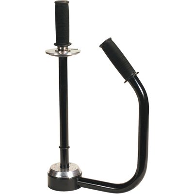 SFDIS278.jpg The MH-USA Heavy-Duty Handle Grip Stretch Wrap Dispenser includes a black tire changing tool with rubber grips and metal parts. It has an upright handle with a flat base, while the other curves at a right angle, making it ideal for easy tire mounting and demounting.