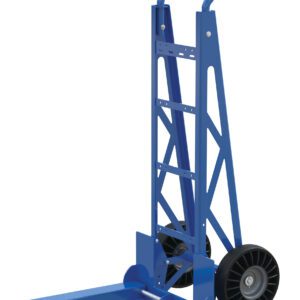 The Vestil Adjustable Fork Hand Truck, with a 20 wide frame and 250 lb capacity, features a sleek blue design, two black wheels, flat metal prongs for lifting items, an upright handle, and geometric support for easy maneuverability.