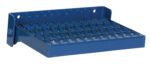 The blue Vestil Manual Serrated Steel Fold-Up Step is a metal industrial step with a textured, non-slip surface and rear mounting holes, designed for secure footing. Its sturdy and perfect for enhancing safety in factory or warehouse settings.