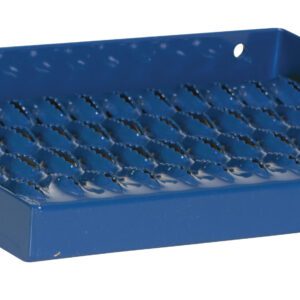 The blue Vestil Manual Serrated Steel Fold-Up Step is a metal industrial step with a textured, non-slip surface and rear mounting holes, designed for secure footing. Its sturdy and perfect for enhancing safety in factory or warehouse settings.