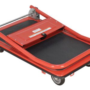 The Vestil Platform Truck - Steel Folding Handle is a red and black cart with four wheels and a sturdy flat base, designed for easy transport of heavy items.