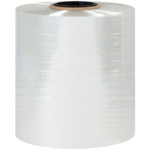 A large roll of MH-USA 10 x 100 Gauge x 2625 Polyolefin Shrink Film with a black inner core is shown against a white background, its clear, glossy surface reflecting light.