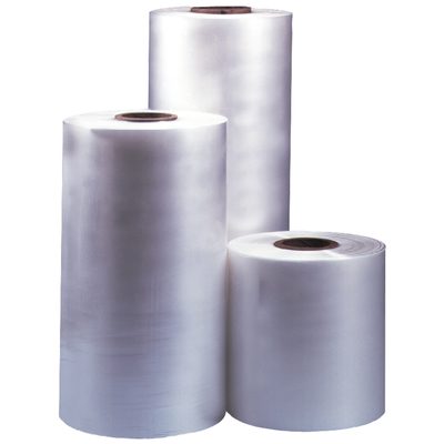 SH12100.jpg Three large rolls of MH-USA 12 x 100 Gauge x 2625 Polyolefin Shrink Film (1 Roll/Case) stand upright on a white background, their glossy, translucent surfaces varying in height.