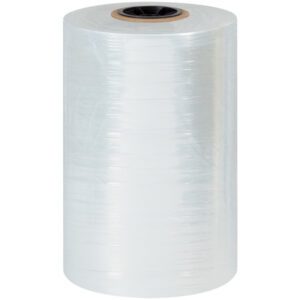 A large roll of MH-USA 14 x 60 Gauge x 4375 Polyolefin Shrink Film (1 Roll/Case) stands upright against a white background, its glossy surface with a black inner core reflecting light and shadow variations.