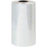 The MH-USA 16 x 75 Gauge x 3500 Polyolefin Shrink Film roll stands upright against a white background. It features a shiny surface and is tightly wound, with a visible black core at its center.
