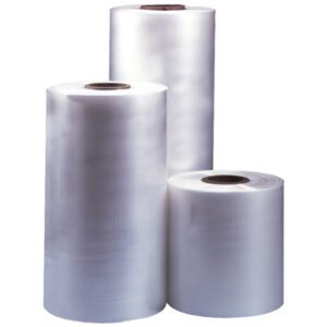 Three upright rolls of white plastic film, featuring an MH-USA 18 x 100 Gauge x 2625 Polyolefin Shrink Film (1 Roll/Case), vary in height and diameter. Their reflective surfaces display brown cores at the top against a plain white backdrop.