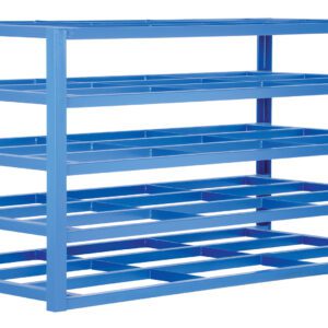 The Vestil Horizontal Sheet Rack 5-Shelf 2K Lb Cap has a blue, multi-tiered design with open sides. It efficiently organizes items on five shelves with grid-like bases for visibility and airflow, supporting a total capacity of 2,000 lbs.