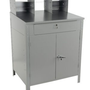 The Vestil Shop Desk Cabinet Style 49 In Height features a sleek gray metal design with a lockable drawer, two bottom doors, and two vertical shelves with horizontal dividers for optimal organization.