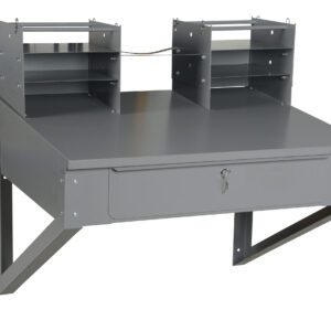 The Vestil Shop Desk Wall Mounted features a sleek gray metal design, two shelves for document organization, and a lockable drawer with key for secure storage. Its 19.5 height offers convenience and style in any workspace.