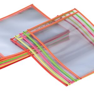 A stack of Vestil Neon Shop Ticket Holders, with colorful transparent zippered pouches, showcases orange, green, and pink edges. Their overlapping design reveals a translucent quality.