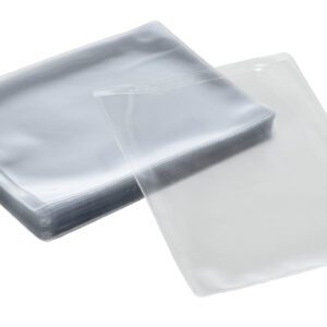 A stack of clear, rectangular plastic laminating pouches, with one pouch slightly open, sits elegantly against a white background, echoing the sleek design of Vestil Standard Shop Ticket Holders.