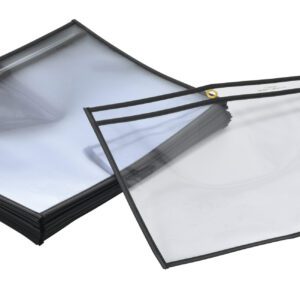 A stack of Vestil Side-Hanging Eyelet Shop Ticket Holders with black borders and top corner metal grommets sits beside an identical pouch. These clear, flexible plastic holders have slightly curved edges and seem empty.