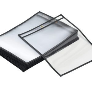 A stack of transparent, flexible Vestil Top-Hanging Eyelet Shop Ticket Holders with black borders and reinforced holes is perfect for hanging or binding. One sleeve is partially open on top, all neatly arranged on a white surface.