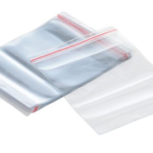 A stack of Vestil Zip Seal Shop Ticket Holders, featuring transparent resealable bags with red zippers, is neatly arranged against a white background, with one bag lying flat while the others are stacked.