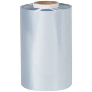 The MH-USA 12 x 100 Gauge x 1500 Shrink Tubing stands upright, glossy and transparent with a visible cardboard core, set against a plain white background.