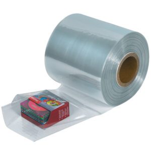 Partially unrolled MH-USA 6 x 100 Gauge x 1500 Shrink Tubing (1500/Roll) reveals clear plastic film, displaying a small stack of colorful books or boxes, with a sturdy cardboard core at the center.