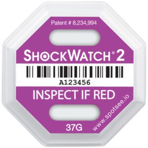 The 37G ShockWatch® 2 Indicator displays a purple label with PATENT # 8,234,994, INSPECT IF RED, and 37G. Below is the barcode A123456 and the website www.spotsee.io. This model is part of the 50/Case set of ShockWatch® 2 Indicators.