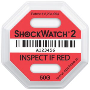 The 50G Shockwatch® 2 Indicator has a barcode, serial number A123456, and text INSPECT IF RED and 50G. With Patent #8,234,994, it features a white backdrop with red and black accents. More details at www.spotsee.io.