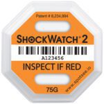 The 75G Shockwatch® 2 Indicators (50/Case) have an octagonal design in white and orange, with a barcode and INSPECT IF RED message, and patent number 8,234,994. For details, visit www.spotsee.io.