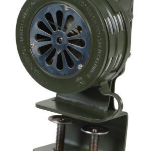 The Vestil Siren - Hand Crank - Metal-Bracket Mount is an olive green, vintage model with a circular grille, coiled spring handle, and adjustable clamps. It features important usage cautions on the front text.