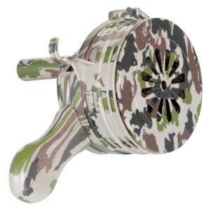 The Vestil Siren - Hand Crank - Plastic - Camo is a durable noisemaker in earthy green, brown, and beige camouflage. Perfect for outdoor enthusiasts, it combines style and functionality with a convenient hand-crank mechanism.