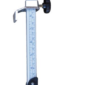 The Vestil Box Sizer Cutter 13 In Height is silver and black with a vertical scale, adjustable knob, sturdy base, and a metal slider for precise measurements.