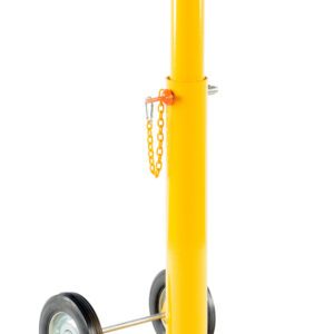 The Vestil Economy Stabilizing Jack 5K W/2 Wheels features a yellow hydraulic design with a tall column, black handles, and two wheels for easy mobility. It includes a metal chain and flat top platform for efficient lifting, ensuring robust reliability.