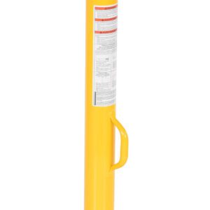 The Vestil Economy Round Base Stabilizing Jack 5K, featuring a yellow tall screw jack and black T-shaped handle, is designed for vehicle stability during maintenance. It includes a rotating mechanism, carrying handle, and safety labels for secure operations.