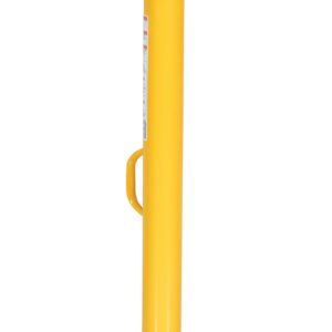A yellow manual fence post driver with a wide base and side handles is perfect for driving posts into the ground. Its sturdiness rivals that of the Vestil Economy Flat Base Stabilizing Jack 5K.