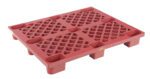 The Vestil Red Plastic Nestable Skid 3.3K has a grid-pattern surface and raised edges, ideal for stacking and transporting goods. Its multiple legs provide stability, and it remains clean and unused, ensuring consistent reliability.