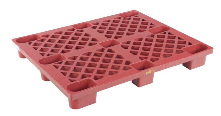 SKID-20_A.jpg The Vestil Red Plastic Nestable Skid 3.3K has a grid-pattern surface and raised edges, ideal for stacking and transporting goods. Its multiple legs provide stability, and it remains clean and unused, ensuring consistent reliability.