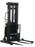 The Vestil Adjustable Stacker W/Powered Lift 118 In features a bold black and yellow design with dual lifting forks, a protective metal frame, and operational controls, along with essential safety warning stickers for secure handling.