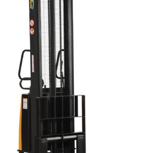 The Vestil Adjustable Stacker W/Powered Lift 150 In is a black stacker with two prongs, a powered lift, vertical mast with chains and gears, side hand controls, caution labels, and an industrial design.